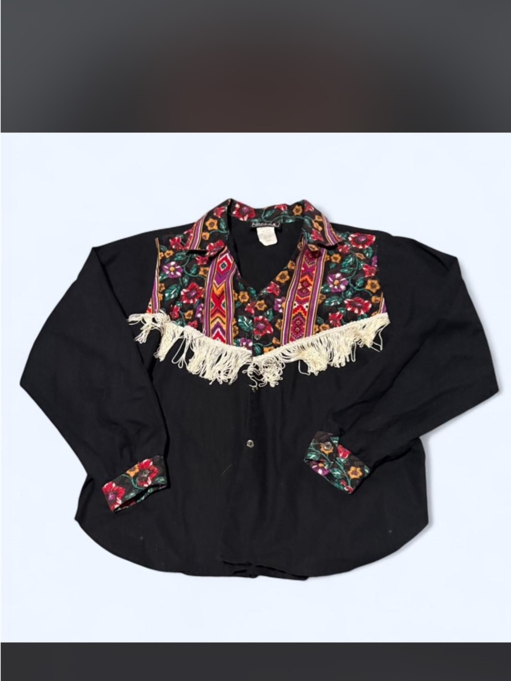 Men's Black Embroidered Fringe Shirt Jacket - Southwestern Floral